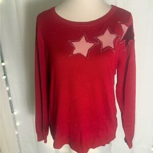 A Love Story Red Sweater XL Rhinestone Sheer Star Detail